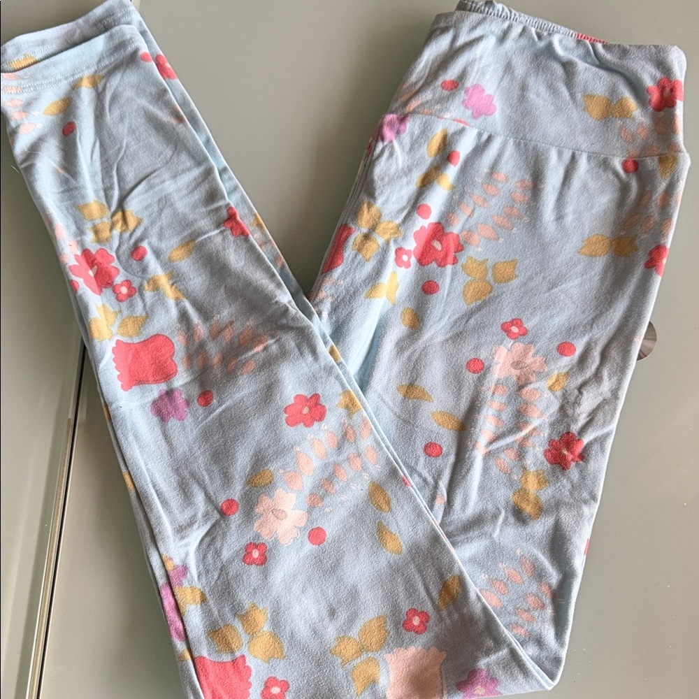 Lularoe os Floral Pattern Leggings - Pink and Yellow